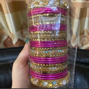 Pink Indian Bangles Full Set with end cuffs